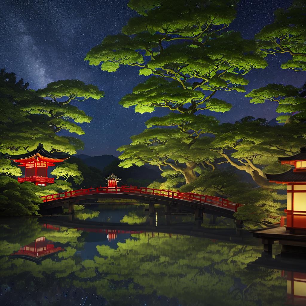  masterpiece, best quality, (Fidelity: 1.4), Best Quality, Masterpiece, Ultra High Resolution, 8k resolution, A night view inspired by Japanese art, featuring a garden illuminated by paper lanterns and a wooden bridge spanning a tranquil lake, by the lakeside, there is a small Zen temple. The water reflects the starry sky.