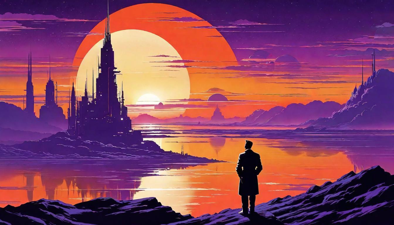  retro futuristic A lone thinker under the vast sky, silhouette against the setting sun, reflective gaze on the horizon. Vast sky meets thoughtful eyes, hues of orange and purple, serenity enveloping the scene. lvintage sci fi, 50s and 60s style, atomic age, vibrant, highly detailed