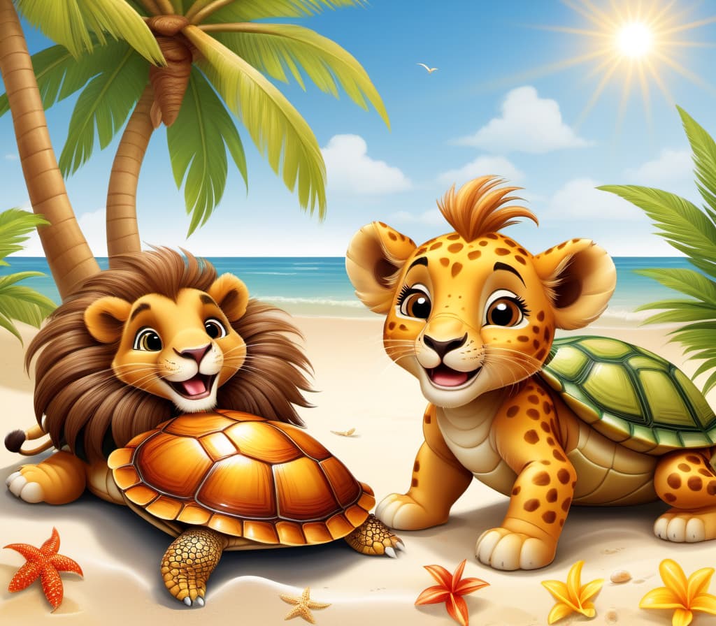 style Mandy Disher, cartoon style, lion cub and turtle are lying on the beach and singing a song, large turtle with a brown shell,  lion cub has a beautiful thick mane, they are having fun, they have a good cheerful mood, carefree life, sun, sea, palm tree