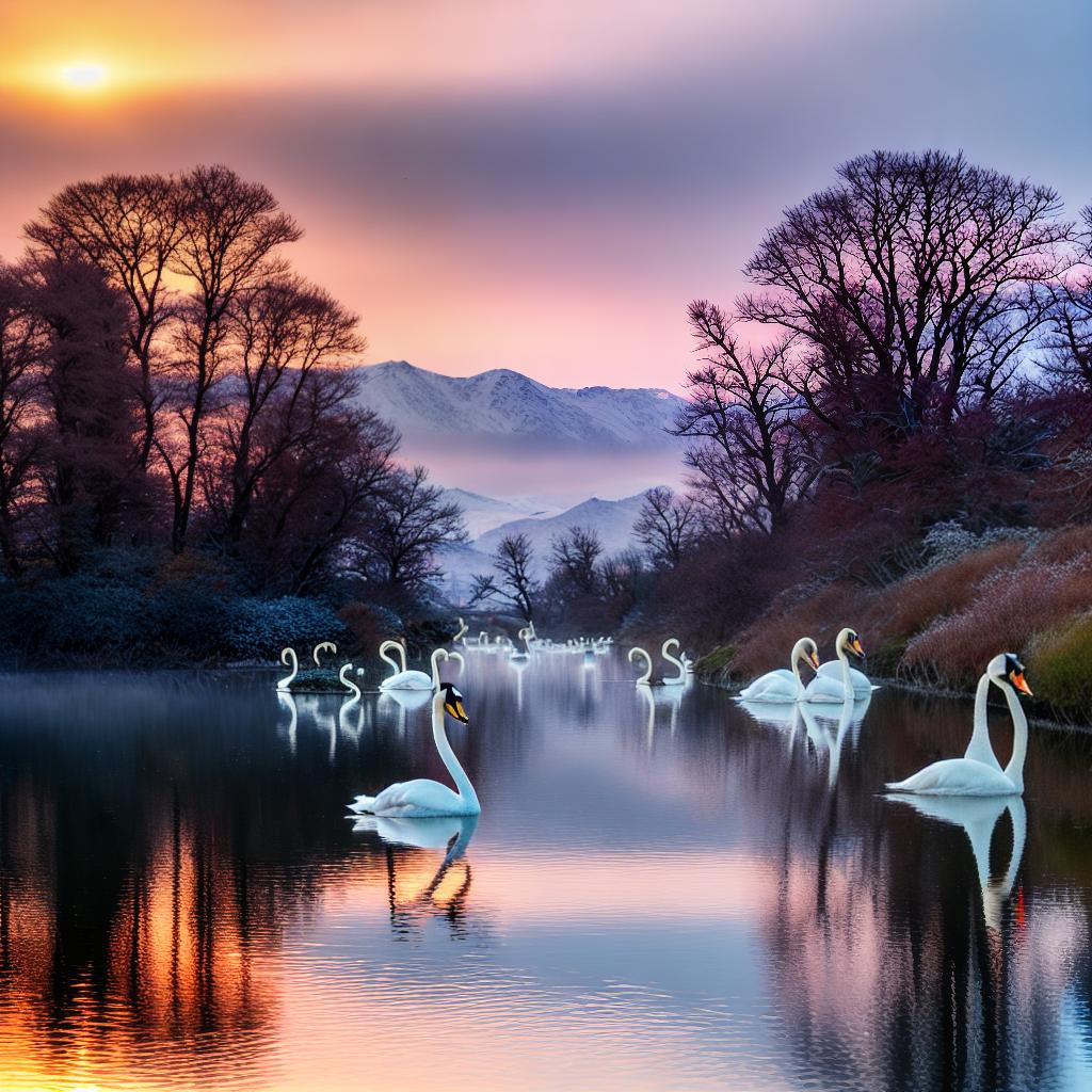  ((masterpiece)),(((best quality))), 8k, high detailed, ultra-detailed. A breathtaking sunrise at Lake Suwa during winter, with vibrant colors painting the sky. The main subject is a group of swans gracefully gliding across the calm waters of the lake. Their white feathers contrast beautifully against the golden and pink hues of the sky. The snow-covered mountains in the background create a stunning backdrop for the scene. The level of detail in capturing the swans' elegant movements, the intricate patterns of their feathers, and the subtle gradations of the sky colors is extraordinary, making this artwork a true masterpiece of nature's beauty. hyperrealistic, full body, detailed clothing, highly detailed, cinematic lighting, stunningly beautiful, intricate, sharp focus, f/1. 8, 85mm, (centered image composition), (professionally color graded), ((bright soft diffused light)), volumetric fog, trending on instagram, trending on tumblr, HDR 4K, 8K