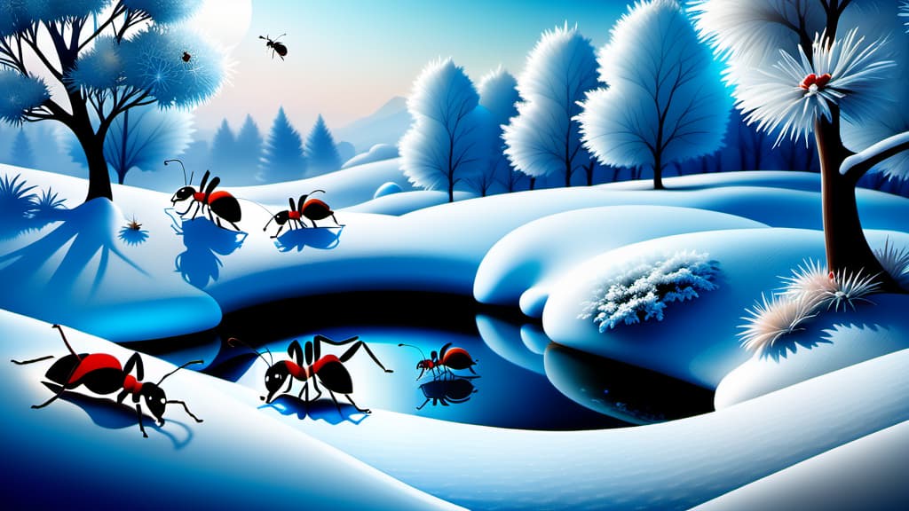  Frosted landscape with ants busy at work.  , ((realistic)), ((masterpiece)), focus on detailed clothing and atmosphere of the surroundings. Soft and natural lights.