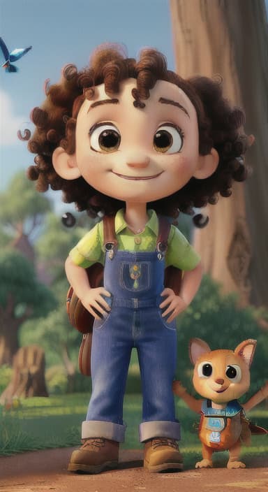  {The tree with a smiling face formed by its bark, looking down at Riley., Riley, a curious with big brown eyes and curly hair, wearing overalls and carrying a small backpack. Their friend, Skye, a bluebird with shiny feathers.