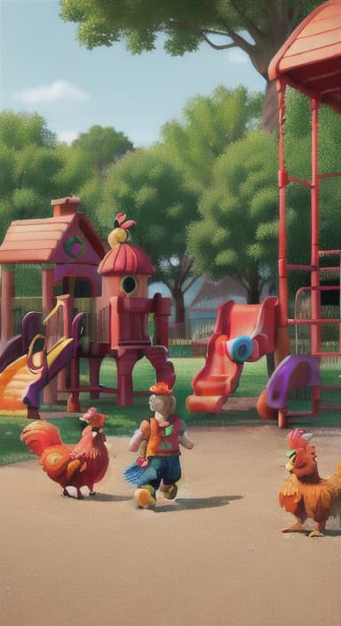  {Rooster and children playing tag on the playground with swings and slides., A bright red and orange rooster with shiny feathers and a curious expression; he wears a small backpack. Other characters throughout the story include young children, teachers, and various animals, all with friendly and approachable faces.