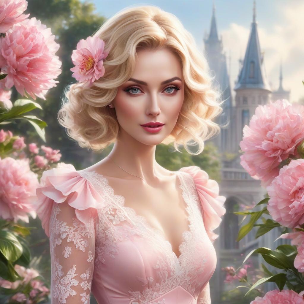  Charming woman with a flower in her hair, short wavy blonde hair, delicate pink dress , white lace trim, ultra realistic, beautiful, colorful, realistic, with high detail,rim light, animated 3D graphics, stunning watercolor painting, hyperrealistic, full body, detailed clothing, highly detailed, cinematic lighting, stunningly beautiful, intricate, sharp focus, f/1. 8, 85mm, (centered image composition), (professionally color graded), ((bright soft diffused light)), volumetric fog, trending on instagram, trending on tumblr, HDR 4K, 8K