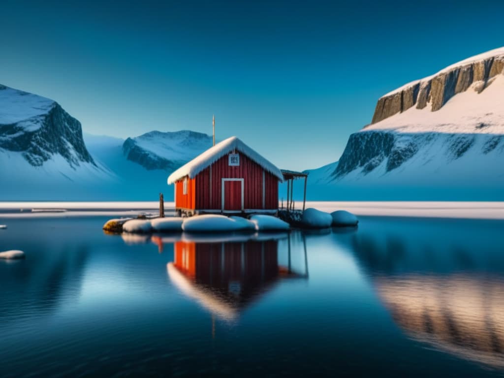  A closeup, ultradetailed image of a traditional Scandinavian ice fishing hut standing alone on a frozen lake, surrounded by vast icy landscapes under a clear blue sky. The weathered wooden hut is adorned with intricate carvings and painted in vibrant hues, showcasing the craftsmanship of the local artisans. The frozen lake reflects the hut's image, creating a stunning mirror effect that highlights the serene beauty and isolation of this unique fishing spot. hyperrealistic, full body, detailed clothing, highly detailed, cinematic lighting, stunningly beautiful, intricate, sharp focus, f/1. 8, 85mm, (centered image composition), (professionally color graded), ((bright soft diffused light)), volumetric fog, trending on instagram, trending on tumblr, HDR 4K, 8K