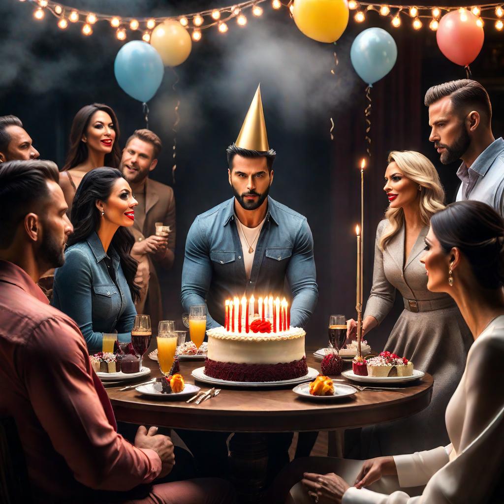  Birthday party hyperrealistic, full body, detailed clothing, highly detailed, cinematic lighting, stunningly beautiful, intricate, sharp focus, f/1. 8, 85mm, (centered image composition), (professionally color graded), ((bright soft diffused light)), volumetric fog, trending on instagram, trending on tumblr, HDR 4K, 8K