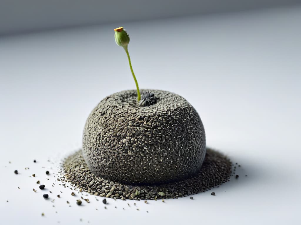  A highresolution, ultradetailed image of a single poppy seed delicately balanced on a pristine white surface. The seed is perfectly in focus, showcasing its intricate texture and tiny size. The lighting is soft and diffused, casting a subtle shadow that adds depth to the image. This minimalist composition captures the essence of poppy seeds, ideal for evoking a sense of precision and sophistication in the context of baking and pastry. hyperrealistic, full body, detailed clothing, highly detailed, cinematic lighting, stunningly beautiful, intricate, sharp focus, f/1. 8, 85mm, (centered image composition), (professionally color graded), ((bright soft diffused light)), volumetric fog, trending on instagram, trending on tumblr, HDR 4K, 8K