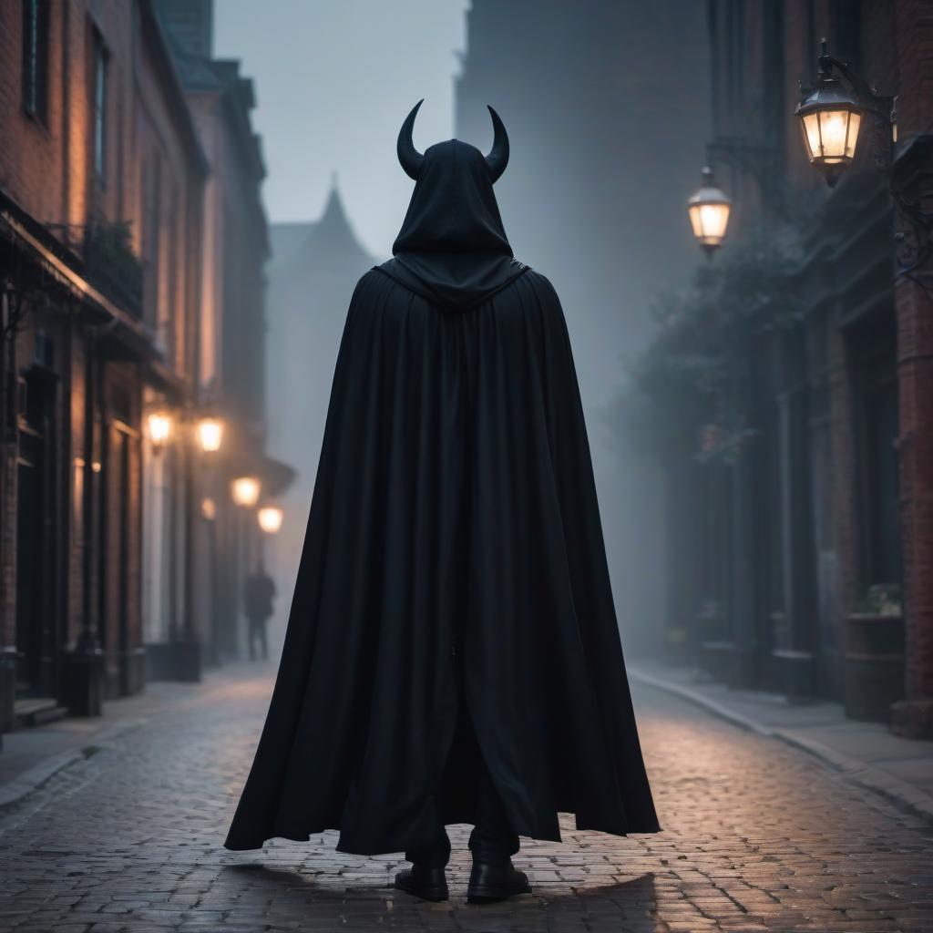  cinematic photo A demon in a black cape. . 35mm photograph, film, bokeh, professional, 4k, highly detailed hyperrealistic, full body, detailed clothing, highly detailed, cinematic lighting, stunningly beautiful, intricate, sharp focus, f/1. 8, 85mm, (centered image composition), (professionally color graded), ((bright soft diffused light)), volumetric fog, trending on instagram, trending on tumblr, HDR 4K, 8K