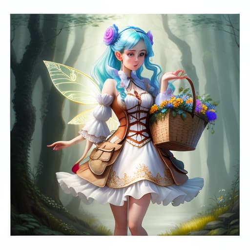  fairy girl in full height, holding a basket with pollen, high detail, watercolor painting, cartoon style hyperrealistic, full body, detailed clothing, highly detailed, cinematic lighting, stunningly beautiful, intricate, sharp focus, f/1. 8, 85mm, (centered image composition), (professionally color graded), ((bright soft diffused light)), volumetric fog, trending on instagram, trending on tumblr, HDR 4K, 8K