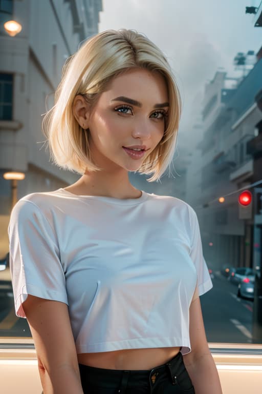  1girl,1girl,blonde short hair,straight hair,upper body shot,shirt,smile hyperrealistic, full body, detailed clothing, highly detailed, cinematic lighting, stunningly beautiful, intricate, sharp focus, f/1. 8, 85mm, (centered image composition), (professionally color graded), ((bright soft diffused light)), volumetric fog, trending on instagram, trending on tumblr, HDR 4K, 8K