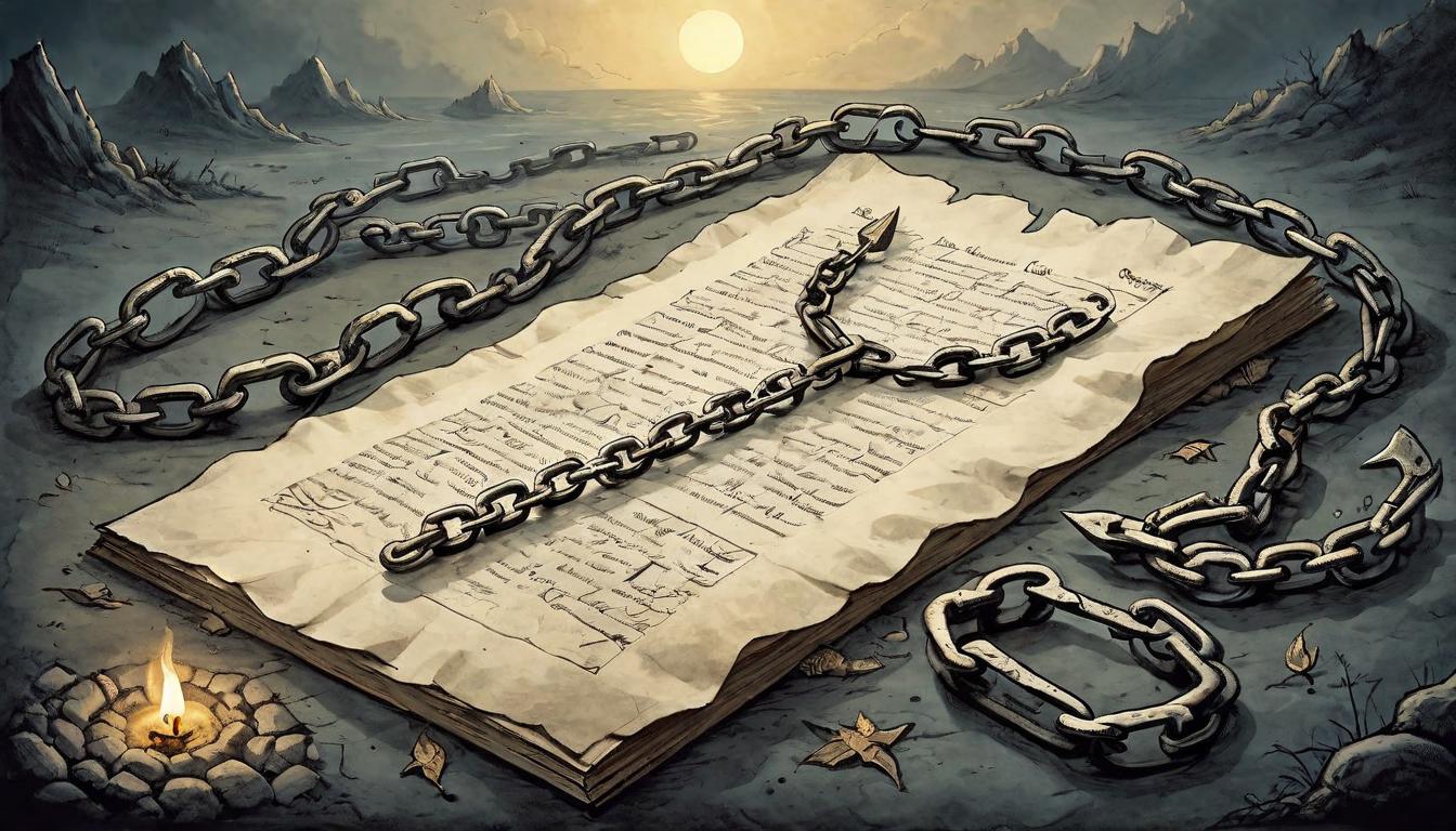  on parchment, surrealism+++, A broken chain lying on the ground, lit by the first light of dawn, symbolizing emergence renewed after adversity, breaking free from the past, dawn of a new beginning, shattered bonds, light of renewal, freedom from struggle(mysterious, provocative, symbolic,muted color)+++