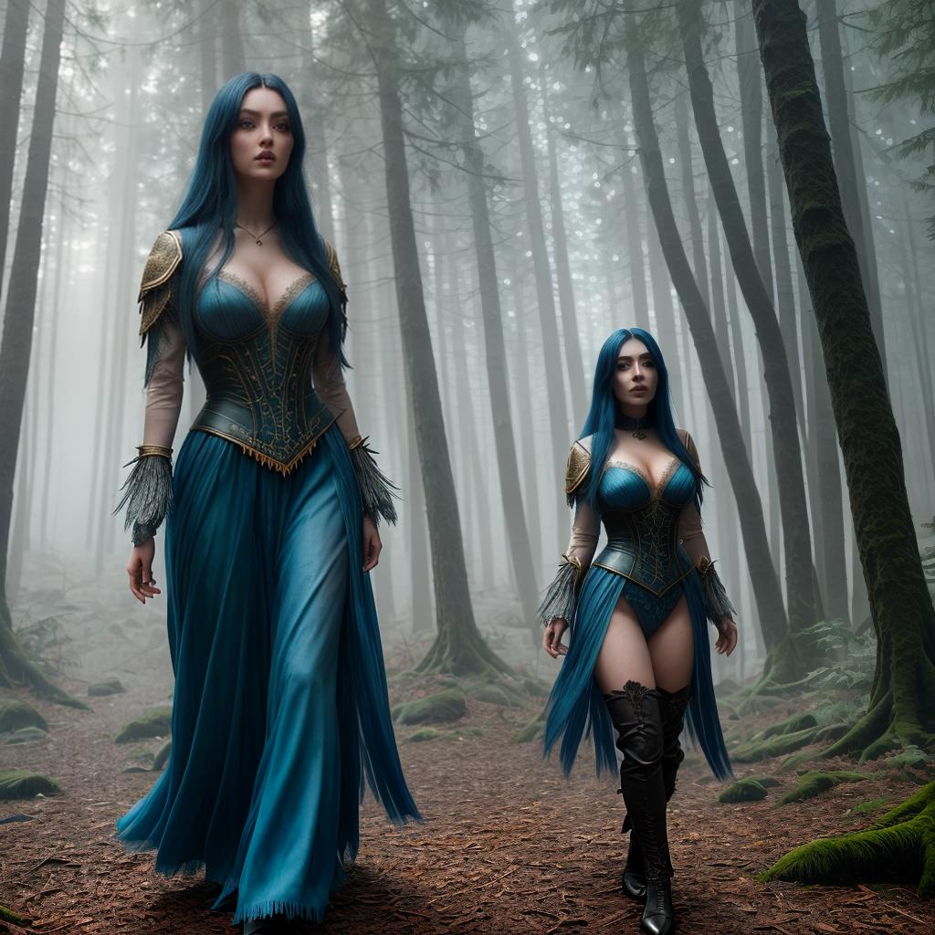  Girl with long black hair and blue eyes dancing in a mystical forest, detailed character design, realistic shading, 8k resolution, cinematic lighting, digital painting by Loish and Sakimichan, artstation, fantasy, enchanting atmosphere hyperrealistic, full body, detailed clothing, highly detailed, cinematic lighting, stunningly beautiful, intricate, sharp focus, f/1. 8, 85mm, (centered image composition), (professionally color graded), ((bright soft diffused light)), volumetric fog, trending on instagram, trending on tumblr, HDR 4K, 8K