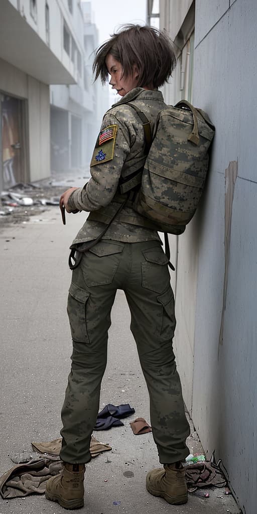  homeless-girl, in military pants, with her back, takes off her pants, dirty, boy haircut, around the corner, in an abandoned place