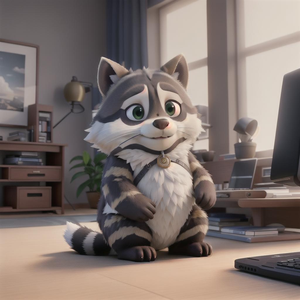  raccoon sitting in gaming chair front a computer on desktop, ((semi anthropomorphic)),(full body), tail, belly, sitting, fat, (chubby), (((white background))), solo, desktop, gaming chair, side view,  [[[clothes]]] hyperrealistic, full body, detailed clothing, highly detailed, cinematic lighting, stunningly beautiful, intricate, sharp focus, f/1. 8, 85mm, (centered image composition), (professionally color graded), ((bright soft diffused light)), volumetric fog, trending on instagram, trending on tumblr, HDR 4K, 8K