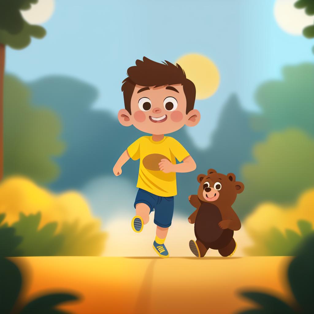  (a boy with short brown hair, yellow shirt, blue jeans) is running, a bear is standing, in the foreset, moonlight