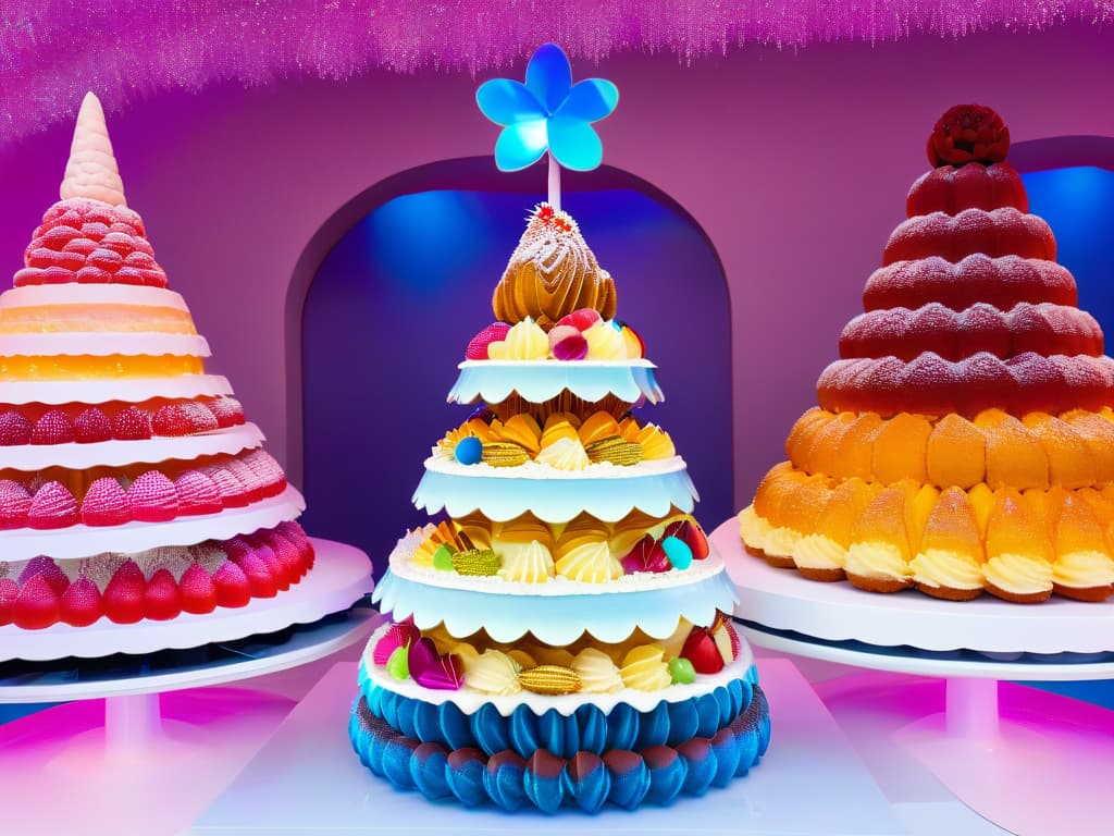  A closeup, ultradetailed image of a virtual reality headset overlaid with vibrant, holographic images of intricate dessert creations like a towering croquembouche, a delicate macaron tower, a multilayered rainbow cake, and a perfectly frosted cupcake. The holographic desserts appear to be floating and rotating around the headset, showcasing the exciting blend of technology and pastry artistry in augmented reality. The colors are vivid, the textures are lifelike, and the overall composition exudes a sense of wonder and innovation in the world of interactive baking education. hyperrealistic, full body, detailed clothing, highly detailed, cinematic lighting, stunningly beautiful, intricate, sharp focus, f/1. 8, 85mm, (centered image composition), (professionally color graded), ((bright soft diffused light)), volumetric fog, trending on instagram, trending on tumblr, HDR 4K, 8K