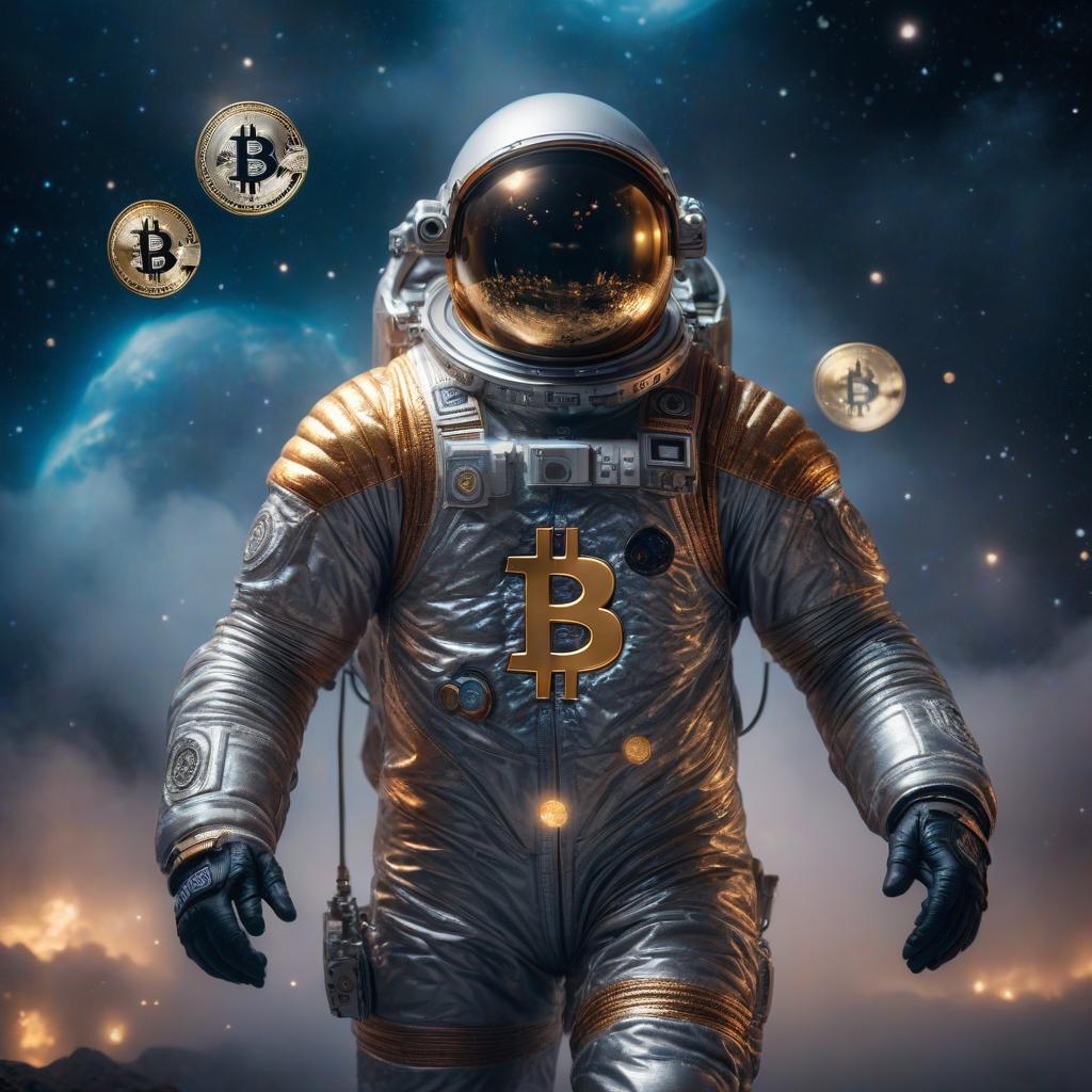  Bitcoin Cosmos hyperrealistic, full body, detailed clothing, highly detailed, cinematic lighting, stunningly beautiful, intricate, sharp focus, f/1. 8, 85mm, (centered image composition), (professionally color graded), ((bright soft diffused light)), volumetric fog, trending on instagram, trending on tumblr, HDR 4K, 8K