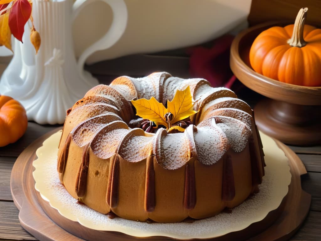  A closeup, ultradetailed image of a freshly baked Bundt cake with warm autumn spices, such as cinnamon, nutmeg, and cloves, dusted with powdered sugar on top. The cake is placed on a rustic wooden table, surrounded by fall foliage like colorful maple leaves and small decorative pumpkins. The soft natural light coming from a nearby window highlights the texture of the cake, showcasing its golden crust and intricate design from the Bundt pan. This image captures the essence of a cozy autumn day and evokes a sense of warmth and comfort. hyperrealistic, full body, detailed clothing, highly detailed, cinematic lighting, stunningly beautiful, intricate, sharp focus, f/1. 8, 85mm, (centered image composition), (professionally color graded), ((bright soft diffused light)), volumetric fog, trending on instagram, trending on tumblr, HDR 4K, 8K