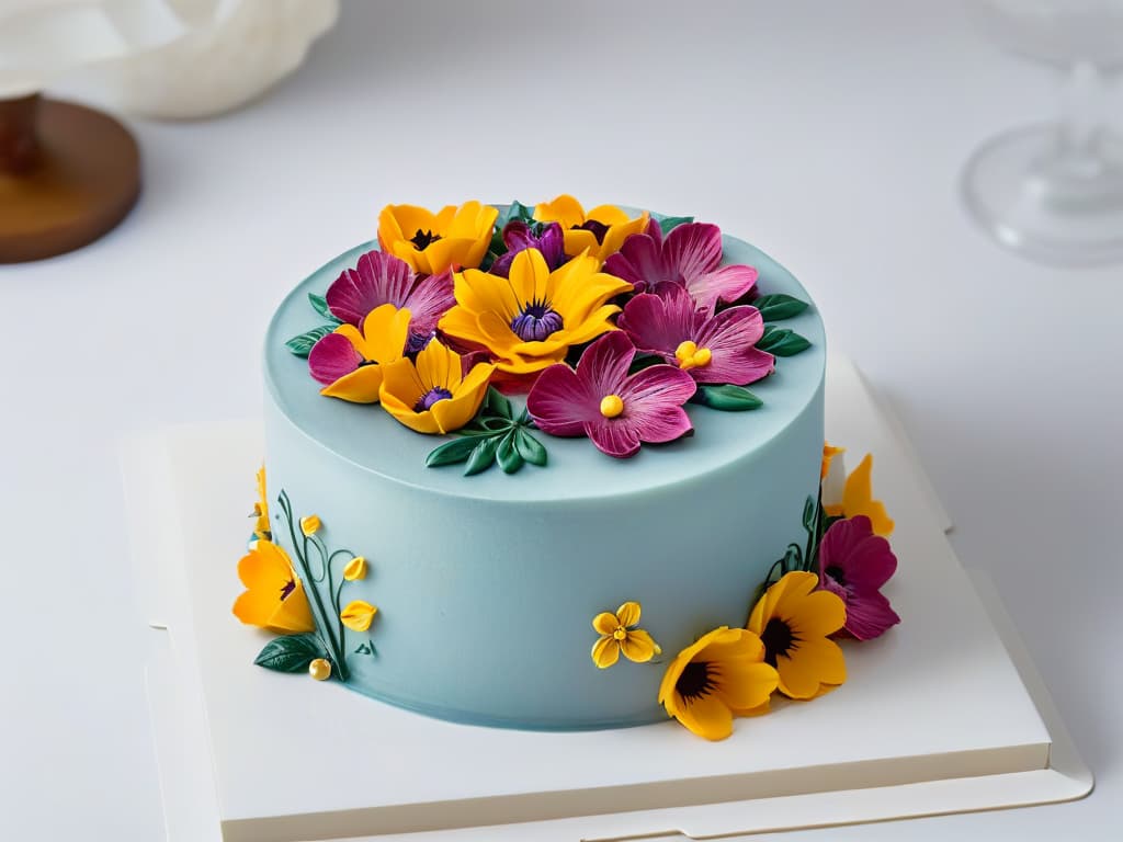  An ultradetailed closeup image of a delicate and intricately decorated pastry with vibrant colors, showcasing the precision and artistry of online pastry certification. The image captures the fine details of the frosting swirls, edible flowers, and shimmering gold accents, all against a clean, white background to emphasize the minimalistic style. hyperrealistic, full body, detailed clothing, highly detailed, cinematic lighting, stunningly beautiful, intricate, sharp focus, f/1. 8, 85mm, (centered image composition), (professionally color graded), ((bright soft diffused light)), volumetric fog, trending on instagram, trending on tumblr, HDR 4K, 8K