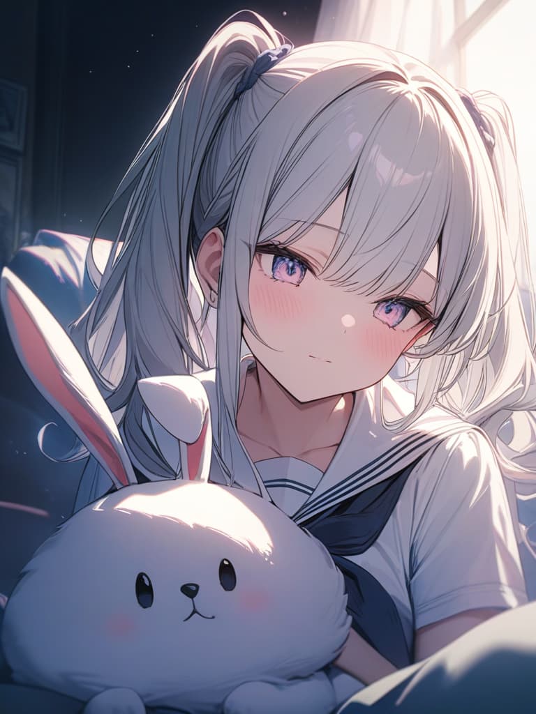  White hair, twin tails, sailor uniforms, stuffed rabbit hugging, small girls, fluffy, pastel, masterpiece, best quality,8k,ultra detailed,high resolution,an extremely delicate and beautiful,hyper detail