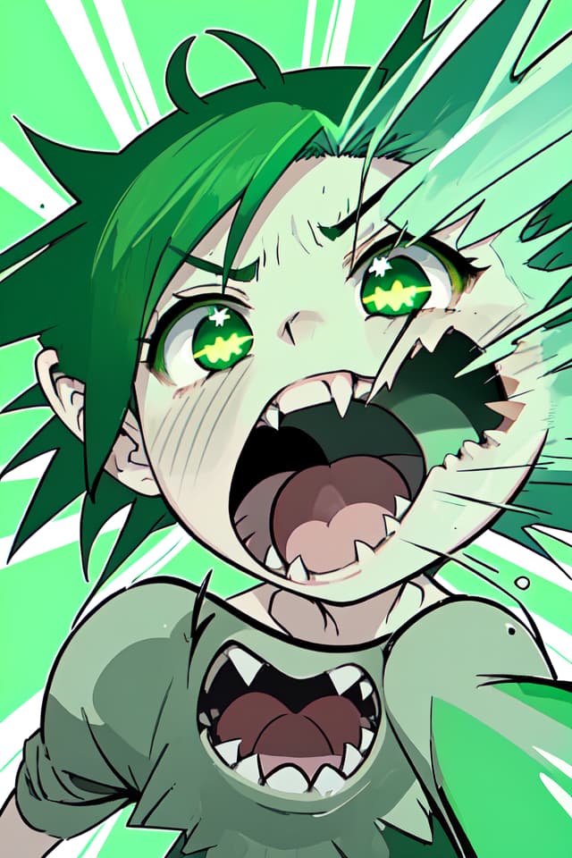  Green haired mad magic girl with jagged teeth, shouting