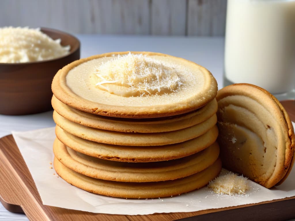  A closeup, highresolution image of a stack of freshly baked coconut sugar cookies arranged on a rustic wooden serving board, with a sprinkle of coconut sugar on top of the cookies. The cookies are golden brown, perfectly round, and have a slight dusting of coconut flakes on the edges. The warm, inviting colors of the cookies contrast beautifully with the natural wood grain of the serving board, creating a visually appealing and appetizing minimalist composition. hyperrealistic, full body, detailed clothing, highly detailed, cinematic lighting, stunningly beautiful, intricate, sharp focus, f/1. 8, 85mm, (centered image composition), (professionally color graded), ((bright soft diffused light)), volumetric fog, trending on instagram, trending on tumblr, HDR 4K, 8K