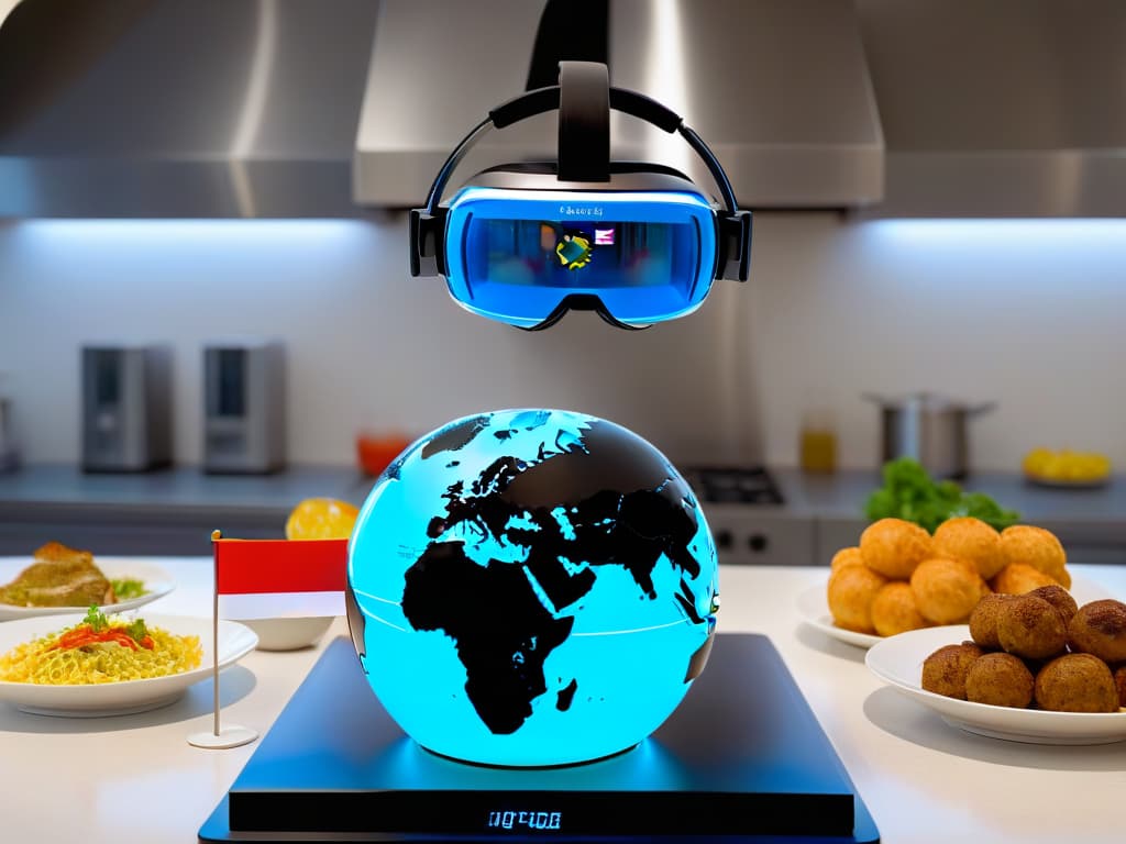  A highresolution, minimalist image of a sleek, futuristic augmented reality headset, with a virtual globe hovering above it displaying various international flags representing different cuisines. The background is a soft, blurred kitchen setting, enhancing the focus on the cuttingedge technology merging with global culinary diversity. hyperrealistic, full body, detailed clothing, highly detailed, cinematic lighting, stunningly beautiful, intricate, sharp focus, f/1. 8, 85mm, (centered image composition), (professionally color graded), ((bright soft diffused light)), volumetric fog, trending on instagram, trending on tumblr, HDR 4K, 8K