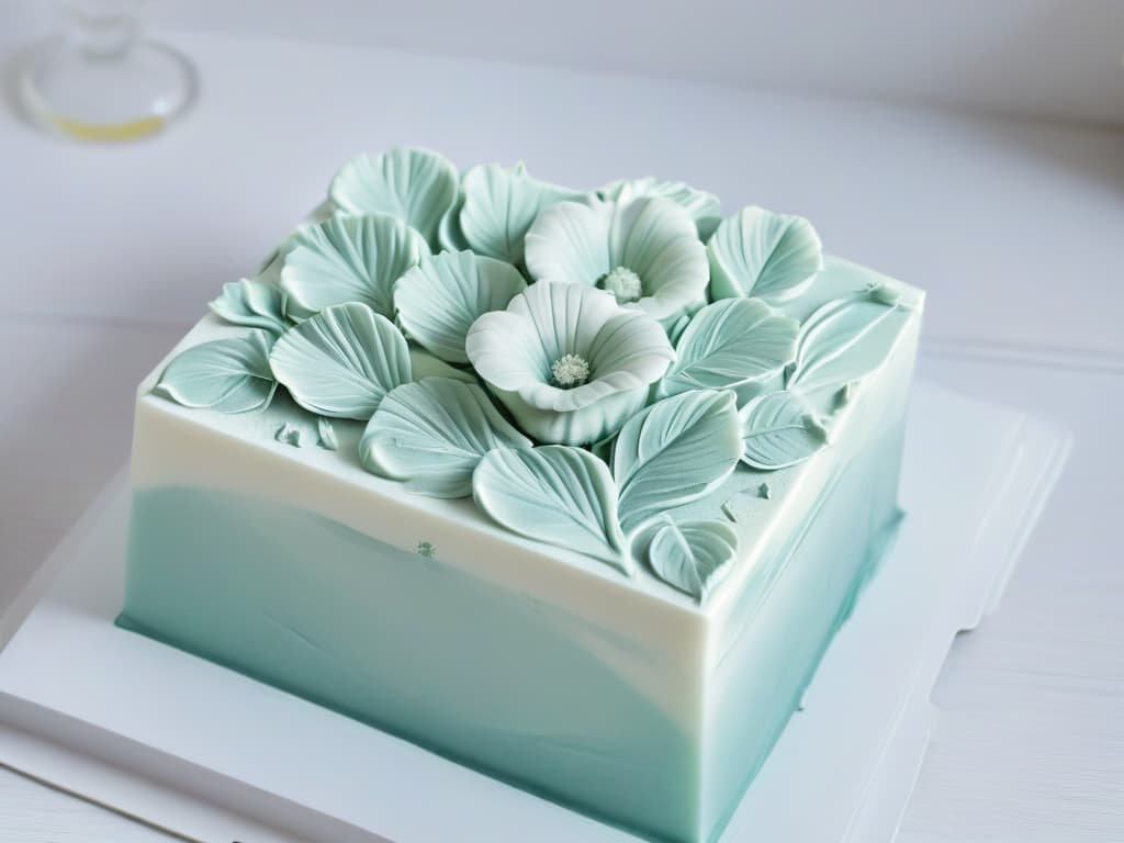  A closeup, ultradetailed image of a sleek, modern silicone mold in a soft, pastel color, showcasing intricate floral patterns and smooth, flawless edges that glisten in the light. The mold is placed on a clean, white marble countertop, with subtle shadows adding depth and dimension to the overall composition. hyperrealistic, full body, detailed clothing, highly detailed, cinematic lighting, stunningly beautiful, intricate, sharp focus, f/1. 8, 85mm, (centered image composition), (professionally color graded), ((bright soft diffused light)), volumetric fog, trending on instagram, trending on tumblr, HDR 4K, 8K