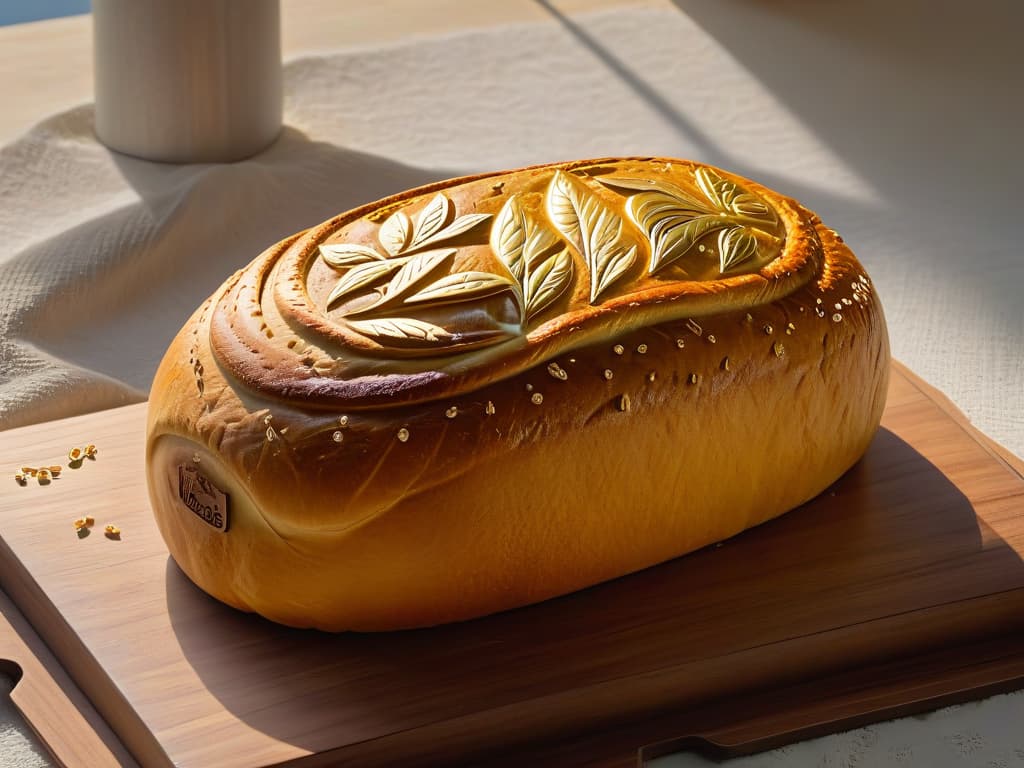  A beautifully crafted, minimalistic image of a golden loaf of Elven bread resting on a rustic wooden table. The bread is intricately decorated with delicate Elvish symbols and patterns, exuding an aura of mystique and magic. Sunlight filters through a nearby window, casting a warm glow on the bread and creating a serene, enchanting atmosphere in the kitchen. hyperrealistic, full body, detailed clothing, highly detailed, cinematic lighting, stunningly beautiful, intricate, sharp focus, f/1. 8, 85mm, (centered image composition), (professionally color graded), ((bright soft diffused light)), volumetric fog, trending on instagram, trending on tumblr, HDR 4K, 8K