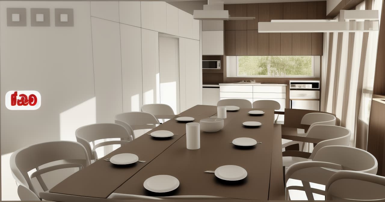  Dining room in a modern style in light colors, Eight chairs, a large window, Dishes on the table