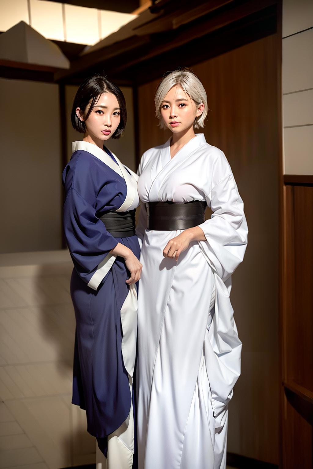  High resolution, Kyoto town, kimono, two beautiful, nice smiles, big eyes, plump breasts, constricted waist, big ass, beautiful legs, short hair, light silver hair, (Masterpiece, BestQuality:1.3), (ultra detailed:1.2), (hyperrealistic:1.3), (RAW photo:1.2),High detail RAW color photo, professional photograph, (Photorealistic:1.4), (realistic:1.4), ,professional lighting, (japanese), beautiful face, (realistic face)