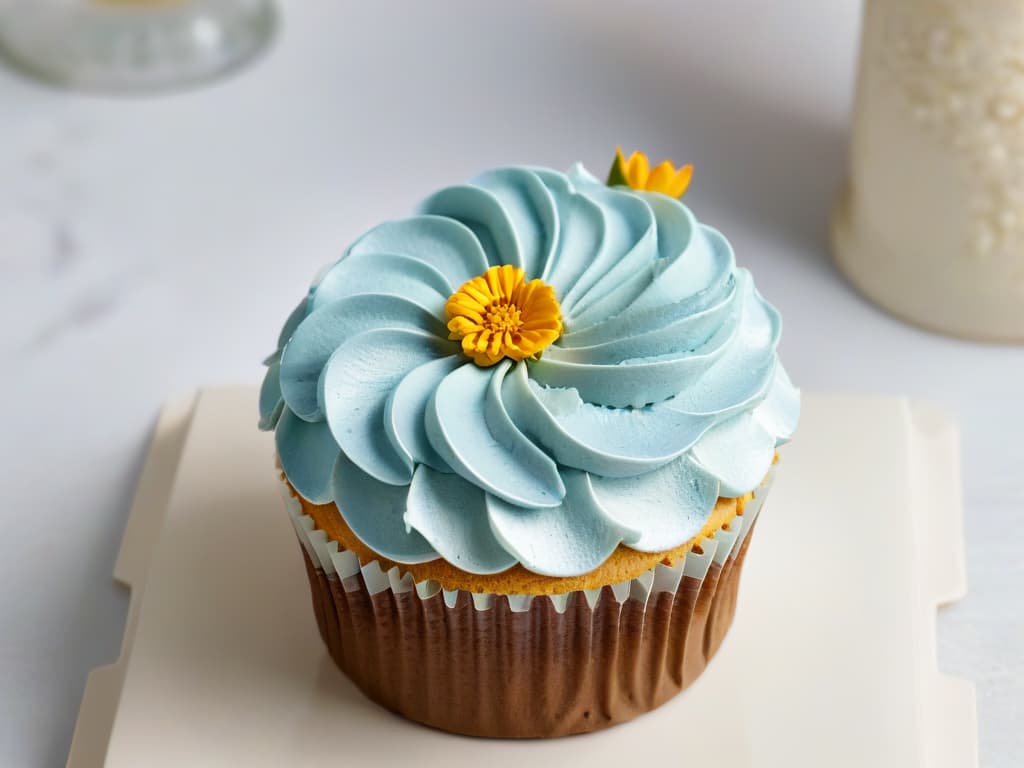  A stunning, highresolution closeup image of a beautifully decorated vegan cupcake, showcasing intricate details of vibrant edible flowers, delicate frosting swirls, and shimmering gold dust accents. Each petal and sprinkle is perfectly placed, highlighting the artistry and delectable nature of modern vegan baking. hyperrealistic, full body, detailed clothing, highly detailed, cinematic lighting, stunningly beautiful, intricate, sharp focus, f/1. 8, 85mm, (centered image composition), (professionally color graded), ((bright soft diffused light)), volumetric fog, trending on instagram, trending on tumblr, HDR 4K, 8K