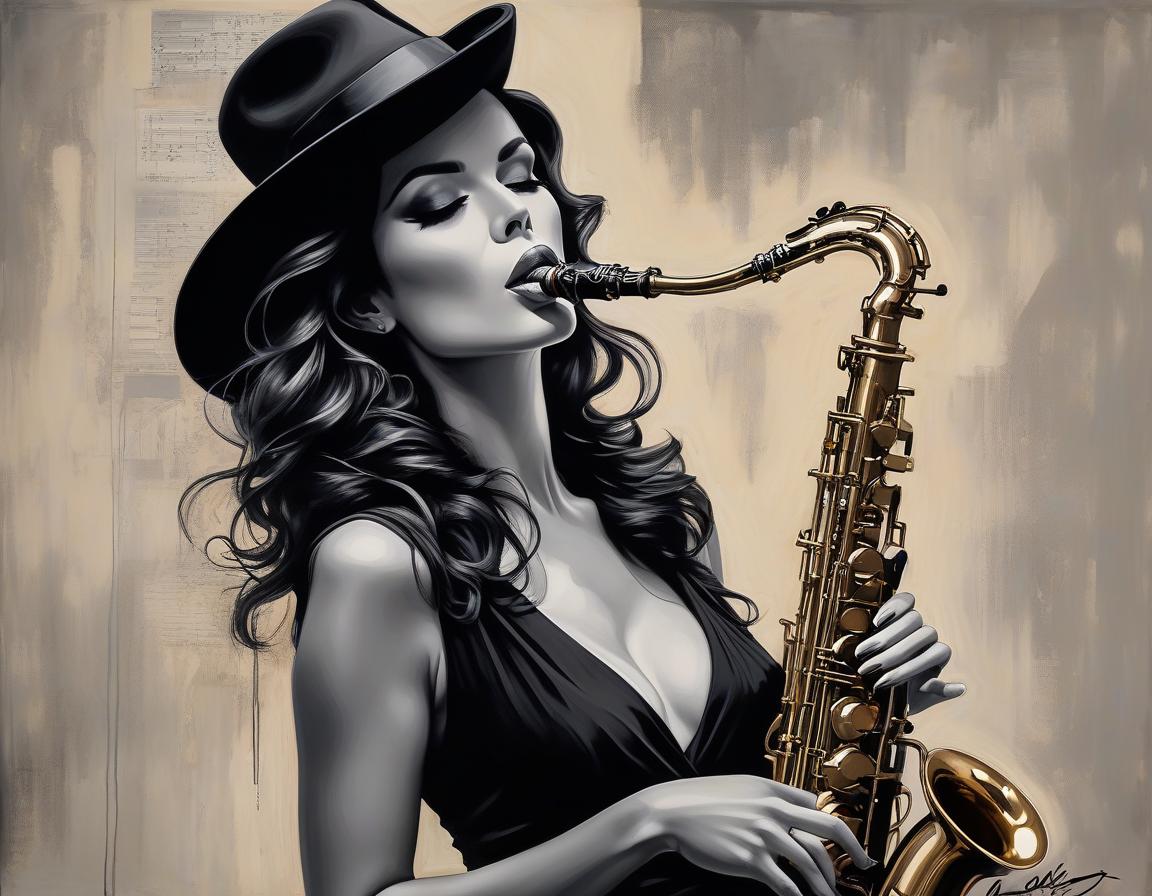  concept art An exquisite depiction of woman in a black hat playing the saxophone, with Louis Jover and Drew Darcy inspired style. The artwork is highly detailed, elegant, and intricate, featuring dynamic lighting and imperial colors. It is a stunning piece with a surreal and ultra realistic touch, created using oil on canvas with a focus on sharp details . digital artwork, illustrative, painterly, matte painting, highly detailed hyperrealistic, full body, detailed clothing, highly detailed, cinematic lighting, stunningly beautiful, intricate, sharp focus, f/1. 8, 85mm, (centered image composition), (professionally color graded), ((bright soft diffused light)), volumetric fog, trending on instagram, trending on tumblr, HDR 4K, 8K