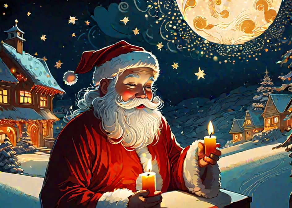  Christmas santa clouse, candle in his hand, by Nicolas Delort and Victo Ngai, vivid, highly detailed, hand-drawn, combined with digital art, night, whimsical, (enchanting atmosphere:1.1), warm lighting , depth of field, Wacom Cintiq, Adobe Photoshop, 300 DPI, (hdr:1.2), teal and orange hyperrealistic, full body, detailed clothing, highly detailed, cinematic lighting, stunningly beautiful, intricate, sharp focus, f/1. 8, 85mm, (centered image composition), (professionally color graded), ((bright soft diffused light)), volumetric fog, trending on instagram, trending on tumblr, HDR 4K, 8K hyperrealistic, full body, detailed clothing, highly detailed, cinematic lighting, stunningly beautiful, intricate, sharp focus, f/1. 8, 85mm, (centered image composition), (professionally color graded), ((bright soft diffused light)), volumetric fog, trending on instagram, trending on tumblr, HDR 4K, 8K
