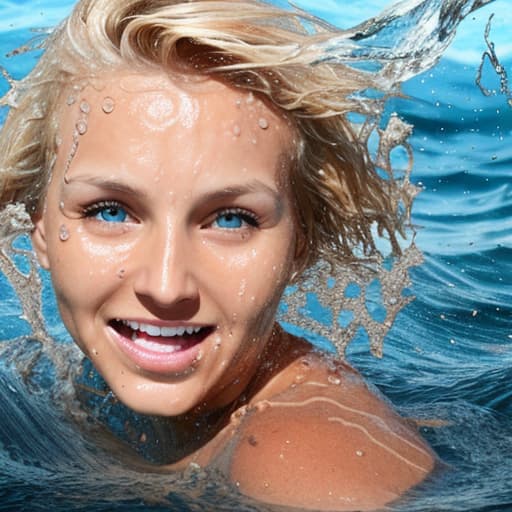  tanned blonde woman's face is in the water she's drowning and panic a lot of water waves and splashes around her