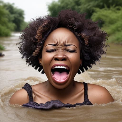  african woman's head with short and curly hair sinking in the river she's screaming and panic