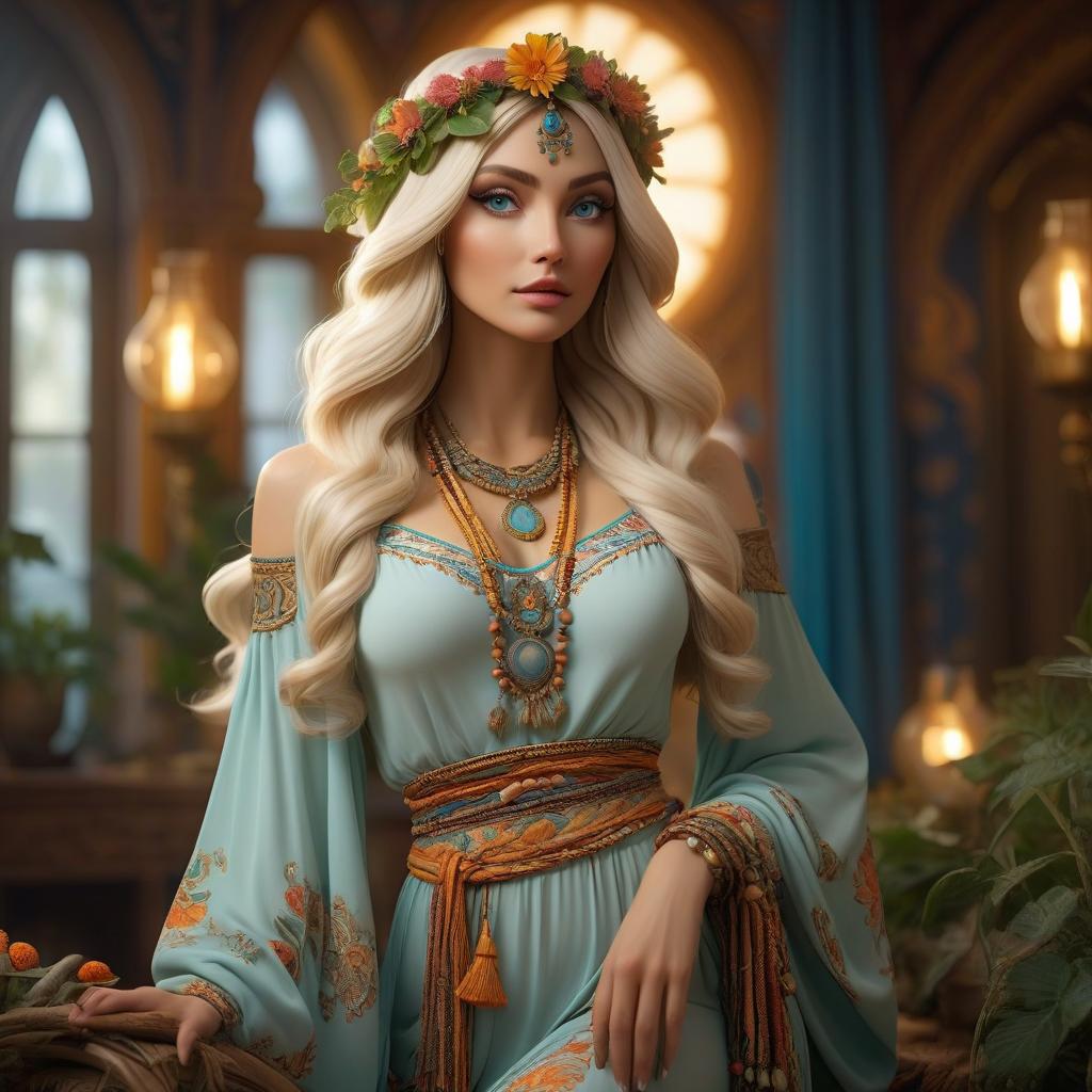  dreamscape The goddess Hestia, dressed as a hippie, in a Scandinavian interior, with light hair, looks sideways. . surreal, ethereal, dreamy, mysterious, fantasy, highly detailed hyperrealistic, full body, detailed clothing, highly detailed, cinematic lighting, stunningly beautiful, intricate, sharp focus, f/1. 8, 85mm, (centered image composition), (professionally color graded), ((bright soft diffused light)), volumetric fog, trending on instagram, trending on tumblr, HDR 4K, 8K