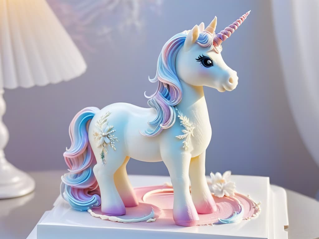  An intricate sugar sculpture of a whimsical unicorn, delicately crafted with pastel shades and shimmering details. The unicorn stands gracefully on its hind legs, mane flowing in intricate swirls, and a horn that glistens under the light. The background is a soft gradient that enhances the magical aura of the sugary creation, emphasizing the precision and artistry involved in crafting such a detailed piece. hyperrealistic, full body, detailed clothing, highly detailed, cinematic lighting, stunningly beautiful, intricate, sharp focus, f/1. 8, 85mm, (centered image composition), (professionally color graded), ((bright soft diffused light)), volumetric fog, trending on instagram, trending on tumblr, HDR 4K, 8K