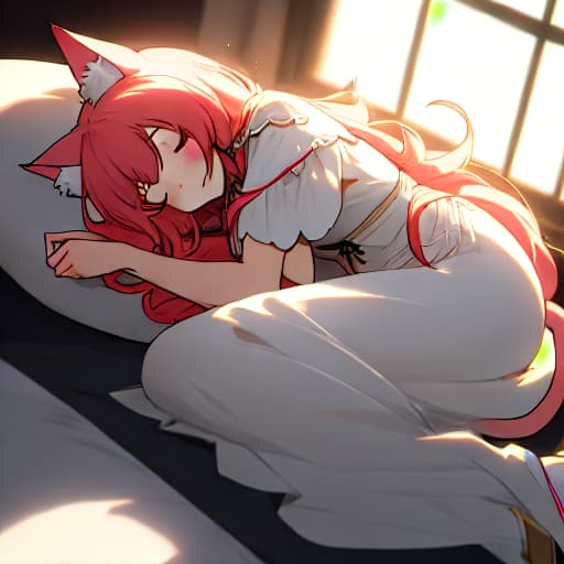  (anime girls,, sleeping,,cat ears), anime, highly detailed, 4k, high quality, trending on art station hyperrealistic, full body, detailed clothing, highly detailed, cinematic lighting, stunningly beautiful, intricate, sharp focus, f/1. 8, 85mm, (centered image composition), (professionally color graded), ((bright soft diffused light)), volumetric fog, trending on instagram, trending on tumblr, HDR 4K, 8K