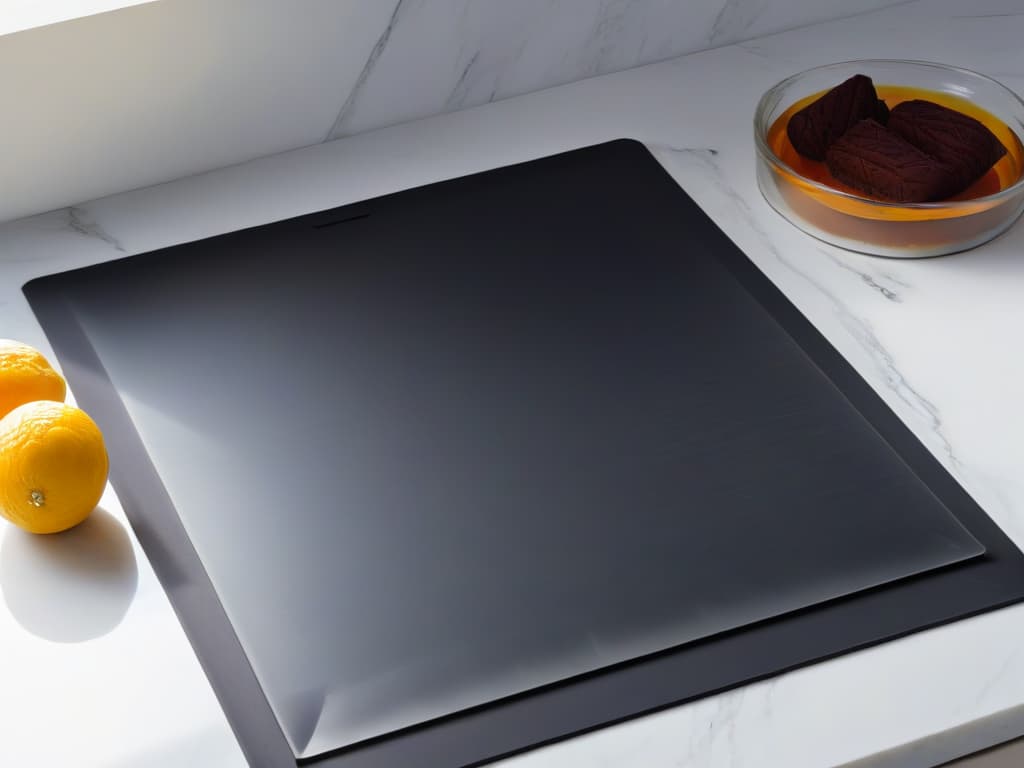  An ultradetailed closeup image of a sleek, matte black silicone baking mat laid out flat on a pristine white marble countertop. The light is softly filtering in from a nearby window, highlighting the intricate texture of the mat's surface and casting subtle shadows. Every minute detail of the silicone material, from its nonstick grid pattern to its heatresistant properties, is meticulously captured in this highresolution shot, emphasizing its quality and durability for baking enthusiasts. hyperrealistic, full body, detailed clothing, highly detailed, cinematic lighting, stunningly beautiful, intricate, sharp focus, f/1. 8, 85mm, (centered image composition), (professionally color graded), ((bright soft diffused light)), volumetric fog, trending on instagram, trending on tumblr, HDR 4K, 8K