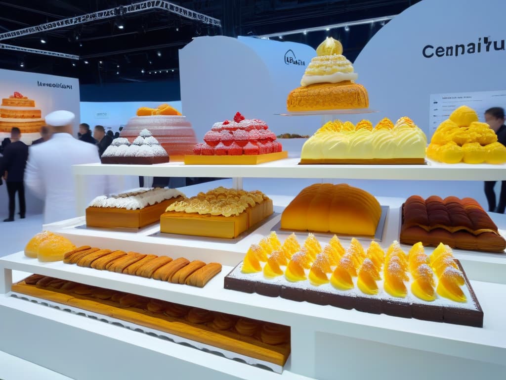  An ultradetailed image of a sleek, modern stand at a bustling dessert festival, showcasing a variety of colorful and intricately decorated pastries and sweets. The stand is adorned with elegant branding and sponsor logos, with expert pastry chefs engaging with enthusiastic festival attendees. The scene captures the vibrant energy and creativity of the event, emphasizing collaboration and sponsorship opportunities for stand owners. hyperrealistic, full body, detailed clothing, highly detailed, cinematic lighting, stunningly beautiful, intricate, sharp focus, f/1. 8, 85mm, (centered image composition), (professionally color graded), ((bright soft diffused light)), volumetric fog, trending on instagram, trending on tumblr, HDR 4K, 8K