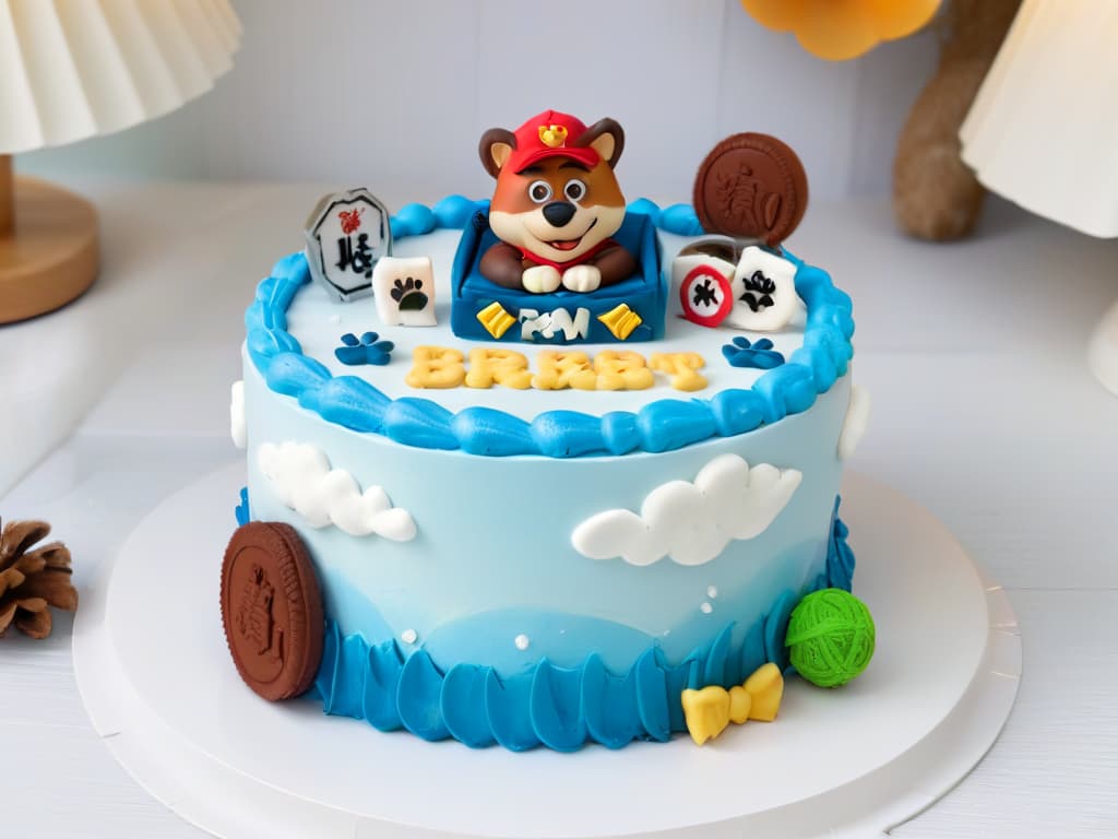  An ultradetailed 8k image of a beautifully decorated Paw Patrolthemed cake, featuring all the main characters such as Chase, Marshall, and Skye intricately crafted out of fondant icing. The cake is set on a simple, elegant white cake stand, allowing the vibrant colors and intricate details of the characters to pop. The background is softly blurred to keep the focus solely on the stunning cake creation, making it a perfect visual representation of the article's theme of Paw Patrolinspired baking with licensed products. hyperrealistic, full body, detailed clothing, highly detailed, cinematic lighting, stunningly beautiful, intricate, sharp focus, f/1. 8, 85mm, (centered image composition), (professionally color graded), ((bright soft diffused light)), volumetric fog, trending on instagram, trending on tumblr, HDR 4K, 8K