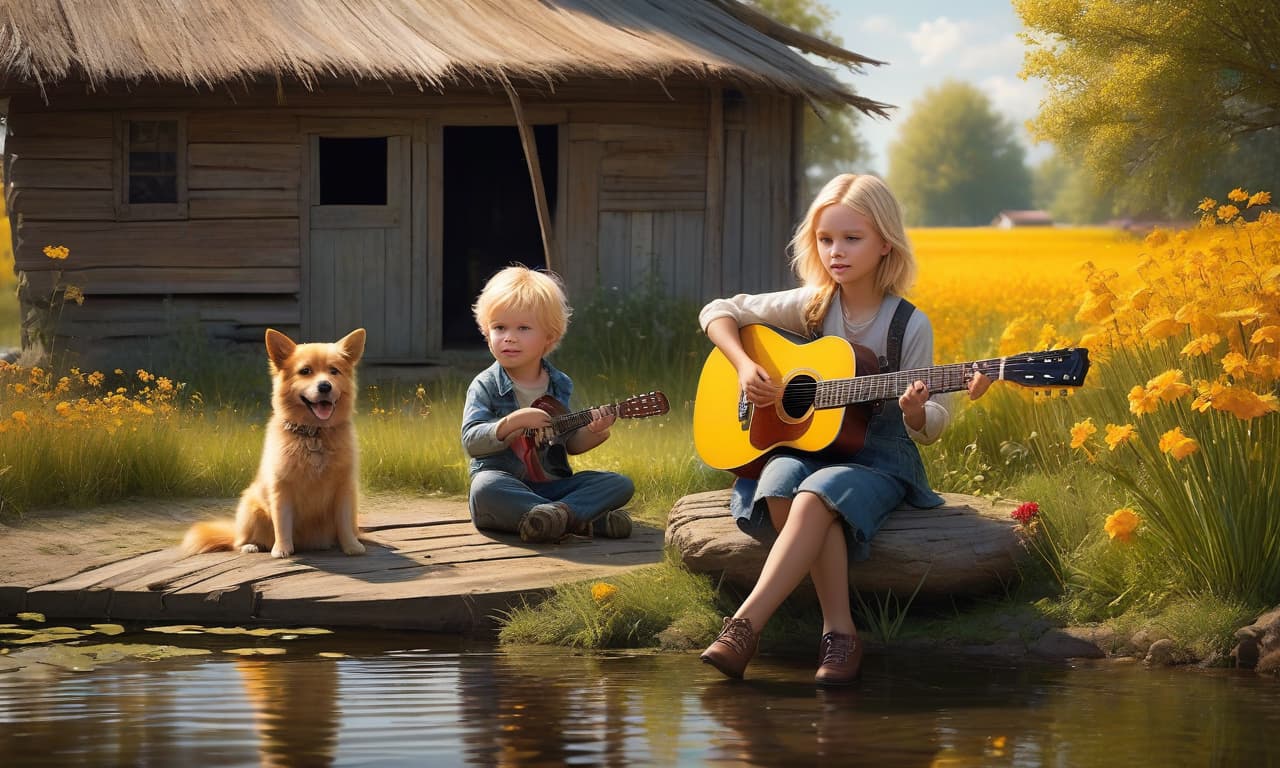  Blond children are sitting and playing the guitar on the bank of a pond, a dog is running nearby, a shack nearby, bright yellow and orange colors prevail, there is a glow on their faces, field flowers. hyperrealistic, full body, detailed clothing, highly detailed, cinematic lighting, stunningly beautiful, intricate, sharp focus, f/1. 8, 85mm, (centered image composition), (professionally color graded), ((bright soft diffused light)), volumetric fog, trending on instagram, trending on tumblr, HDR 4K, 8K