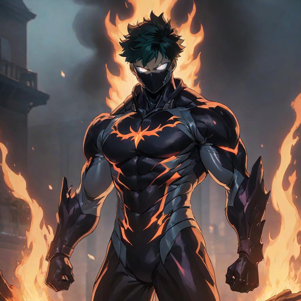  a close up of a person standing in front of a fire, by Android Jones, tumblr, digital art, boku no hero academia style, black fire color reflected armor, wraith, glowing guy creature hyperrealistic, full body, detailed clothing, highly detailed, cinematic lighting, stunningly beautiful, intricate, sharp focus, f/1. 8, 85mm, (centered image composition), (professionally color graded), ((bright soft diffused light)), volumetric fog, trending on instagram, trending on tumblr, HDR 4K, 8K