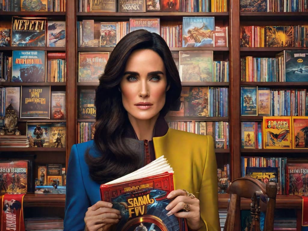  A close-up image of Jennifer Connelly with a thoughtful expression, surrounded by Marvel comic books and movie posters. The image captures her contemplation of returning to the Marvel universe, sparking excitement and speculation among fans.digital art, ilustration hyperrealistic, full body, detailed clothing, highly detailed, cinematic lighting, stunningly beautiful, intricate, sharp focus, f/1. 8, 85mm, (centered image composition), (professionally color graded), ((bright soft diffused light)), volumetric fog, trending on instagram, trending on tumblr, HDR 4K, 8K