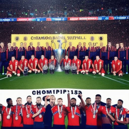  A football team of 11 players and two Coaches with a champions league trophy and a banner at the top saying congratulations billions