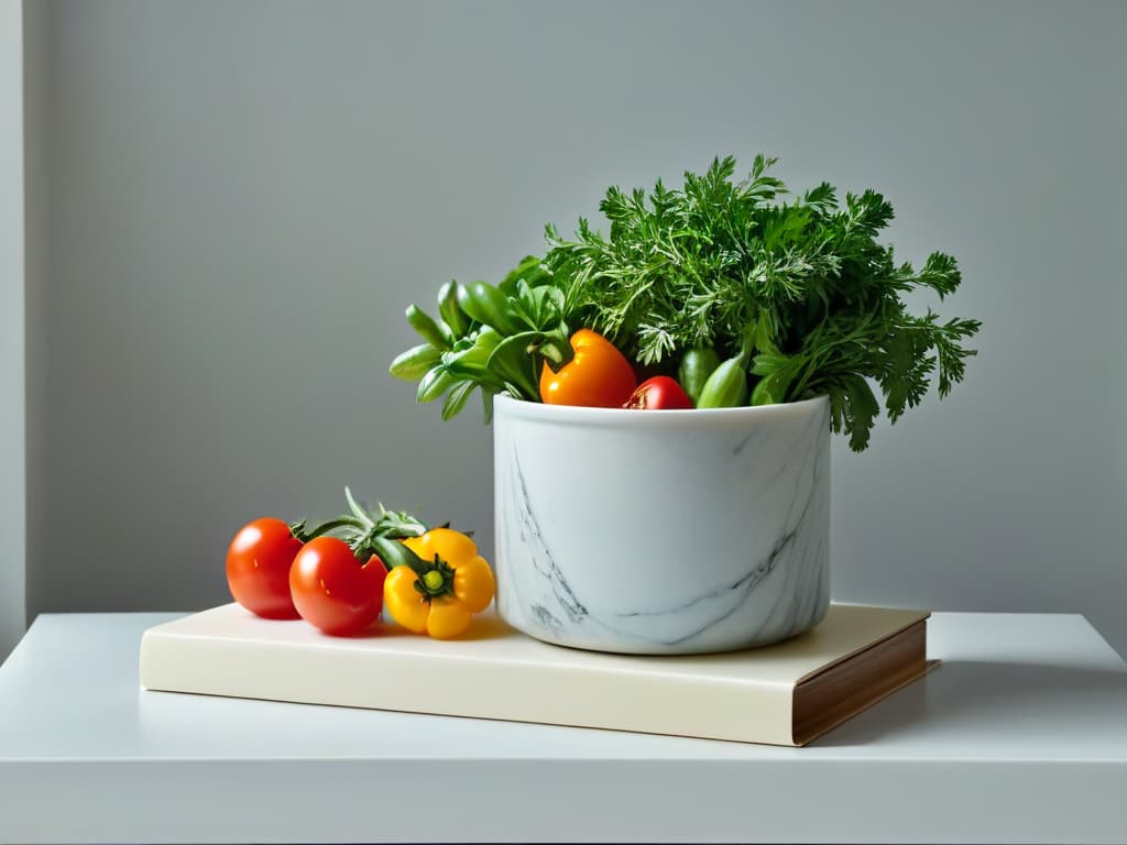  A serene and minimalist kitchen setting with a sleek marble countertop, adorned with fresh herbs in small pots, a stack of rustic cookbooks, and a scattering of colorful vegetables like tomatoes and bell peppers. The natural light filters in gently, casting soft shadows on the immaculately clean surface, creating a peaceful and inviting atmosphere for culinary inspiration. hyperrealistic, full body, detailed clothing, highly detailed, cinematic lighting, stunningly beautiful, intricate, sharp focus, f/1. 8, 85mm, (centered image composition), (professionally color graded), ((bright soft diffused light)), volumetric fog, trending on instagram, trending on tumblr, HDR 4K, 8K