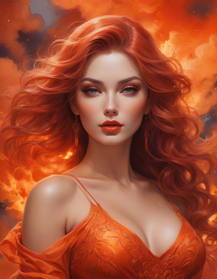  grunge style Gorgeous Goddess of fire, (floating on a fiery orange cloud); perfect hair, perfect full lips, Detailed perfect body, her body is all without blemish, stunning In A Milky Way Garden, background of flames, floating on clouds, Highly Stylized Features; (Full Body), Unsplash, Highly Detailed, Digital Painting, Intricately Detailed Eyes, Colourful, Ink Painting, Beautiful Watercolor Painting, Realistic, Detailed, Fine Art, Oil Painting, Finely Drawn Hands; By Artgerm, By Alphonse Mucha, By Ilya Kuvshinov, Painting By Olga Shvartsur, Svetlana Novikova . textured, distressed, vintage, edgy, punk rock vibe, dirty, noisy hyperrealistic, full body, detailed clothing, highly detailed, cinematic lighting, stunningly beautiful, intricate, sharp focus, f/1. 8, 85mm, (centered image composition), (professionally color graded), ((bright soft diffused light)), volumetric fog, trending on instagram, trending on tumblr, HDR 4K, 8K