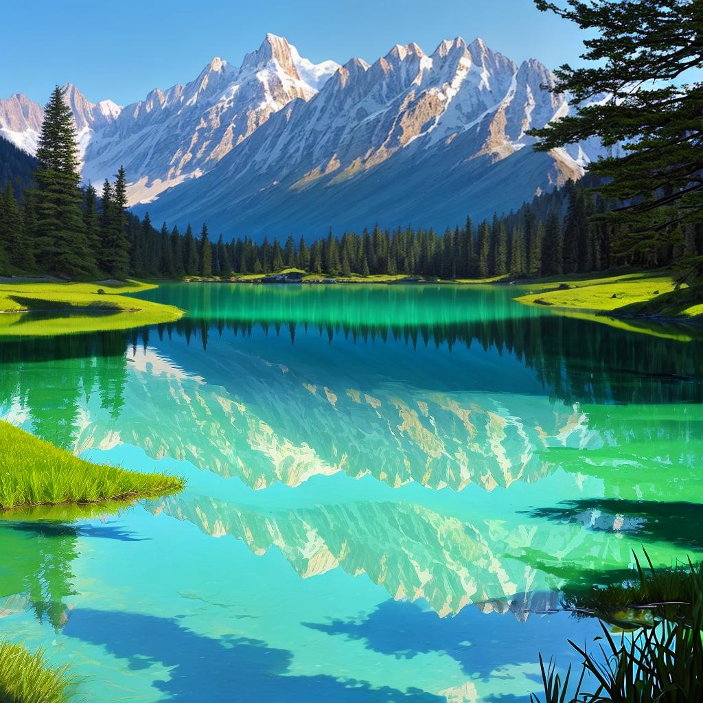  as a painting, Convey the serene majesty of towering mountains reflected in the crystal-clear waters of a tranquil alpine lake, using your unique artistic vision to evoke a sense of awe and tranquility.