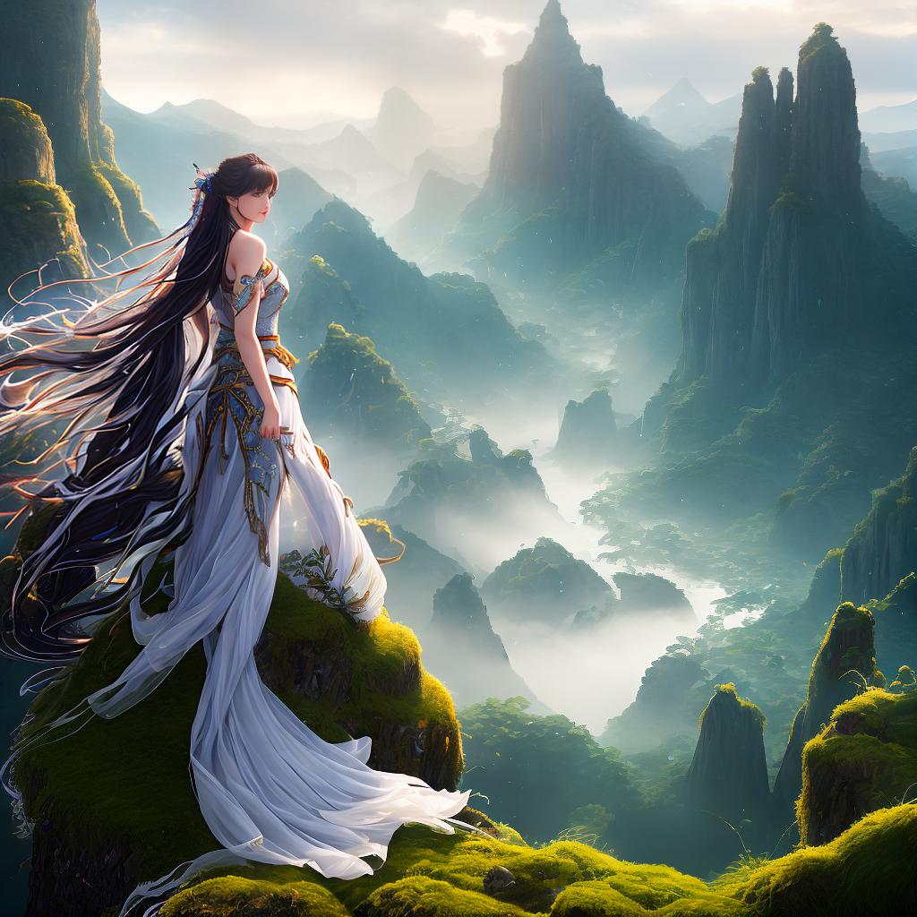  A breathtaking masterpiece of the highest quality, with stunning 8k resolution and ultra-detailed visuals. It portrays a mesmerizing scene of a young woman in her twenties, dressed in traditional wuxia attire. Her long, flowing hair cascades down her back, glistening in the wind. Standing proudly on a moss-covered cliff, she exudes an aura of elegance and strength. The swirling wind adds a sense of dynamism to the composition, enhancing the dramatic lighting that illuminates her face. The artwork is rendered in a watercolor Splatte style, capturing the ethereal beauty of the scene. (Website: www.artisticflair.com) hyperrealistic, full body, detailed clothing, highly detailed, cinematic lighting, stunningly beautiful, intricate, sharp focus, f/1. 8, 85mm, (centered image composition), (professionally color graded), ((bright soft diffused light)), volumetric fog, trending on instagram, trending on tumblr, HDR 4K, 8K